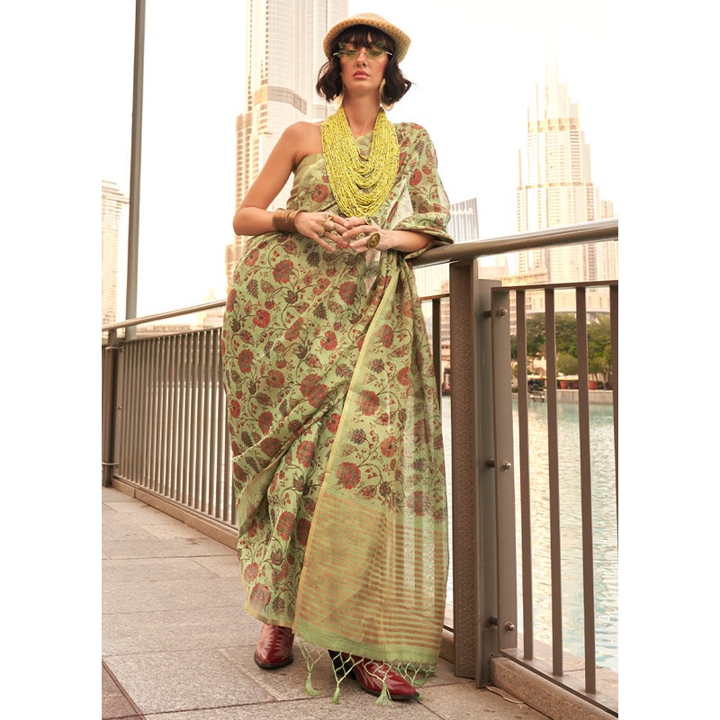 Pista Green Spun Silk Saree With Blouse Piece - JD986601043