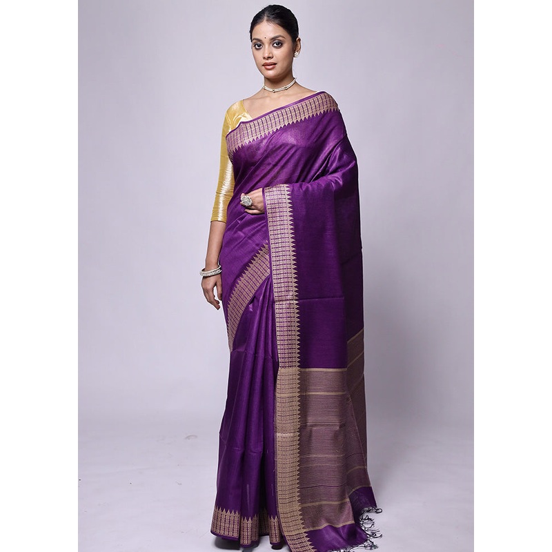 Purple Tussar Silk Saree With Blouse Piece - JD986601190