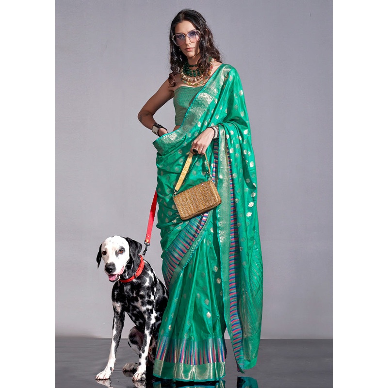 Rama Green Spun Silk Saree With Blouse Piece - JD986601037