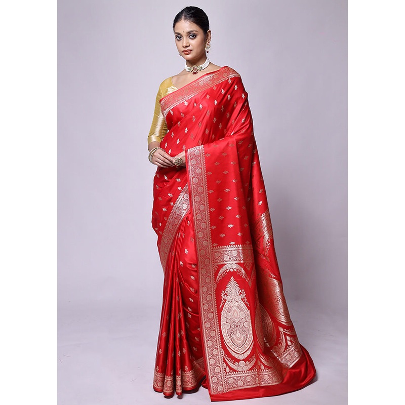 Red Banarasi Silk Saree With Blouse Piece - JD986601189