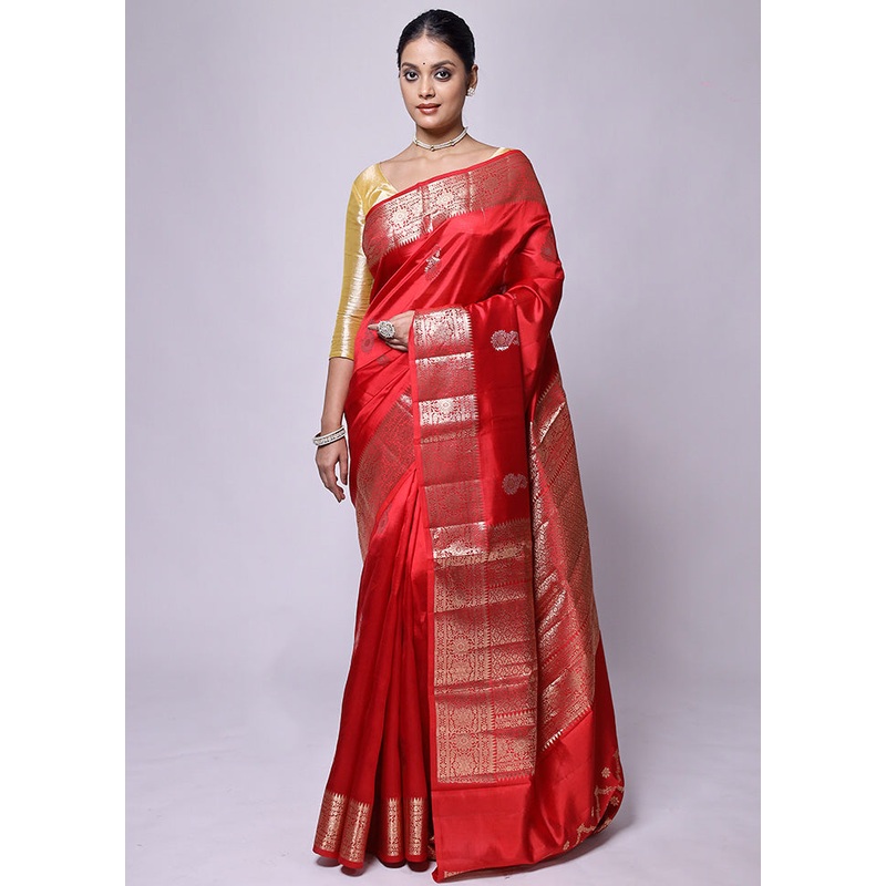 Red Handloom Dupion Pure Silk Saree With Blouse Piece - JD986601188
