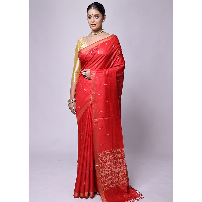 Red Handloom Tussar Pure Silk Saree With Blouse Piece - JD986601187