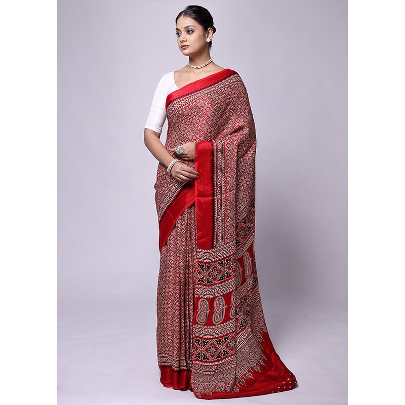 Red Pure Modal Silk Saree Without Blouse Piece - JD986601185