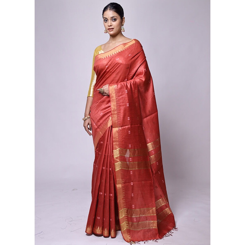 Red Tussar Silk Saree With Blouse Piece - JD986601183