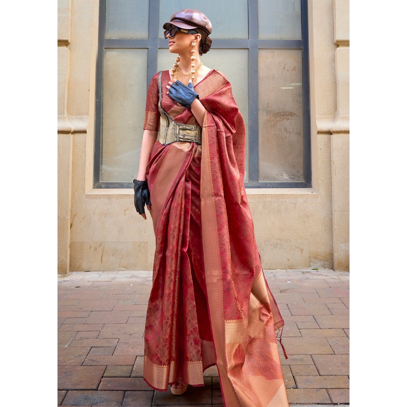 Rust Organza Saree With Blouse Piece - JD986601130