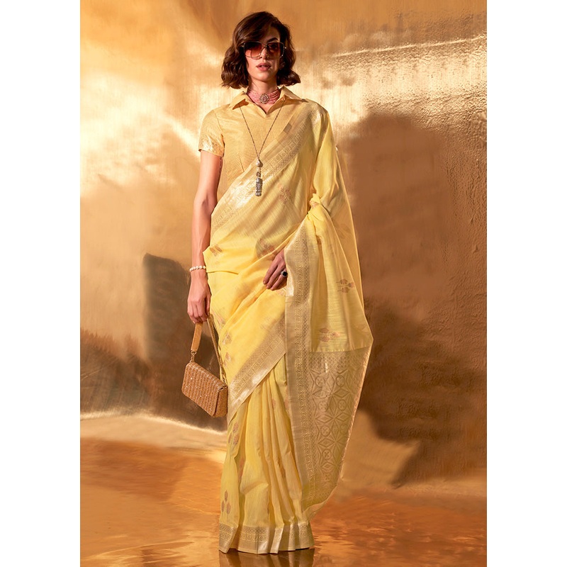 Yellow Cotton Saree With Blouse Piece - JD986601027
