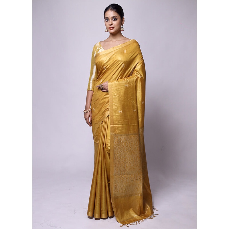 Yellow Handloom Tussar Pure Silk Saree With Blouse Piece - JD986601181