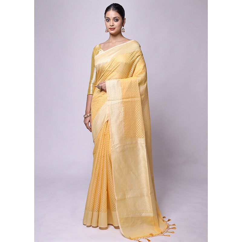 Yellow Kora Silk Saree With Blouse Piece - JD986601178