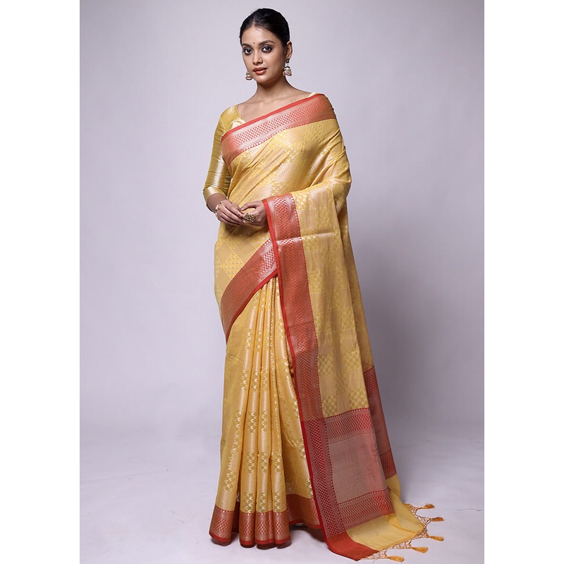 Yellow Kora Silk Saree With Blouse Piece - JD986601179