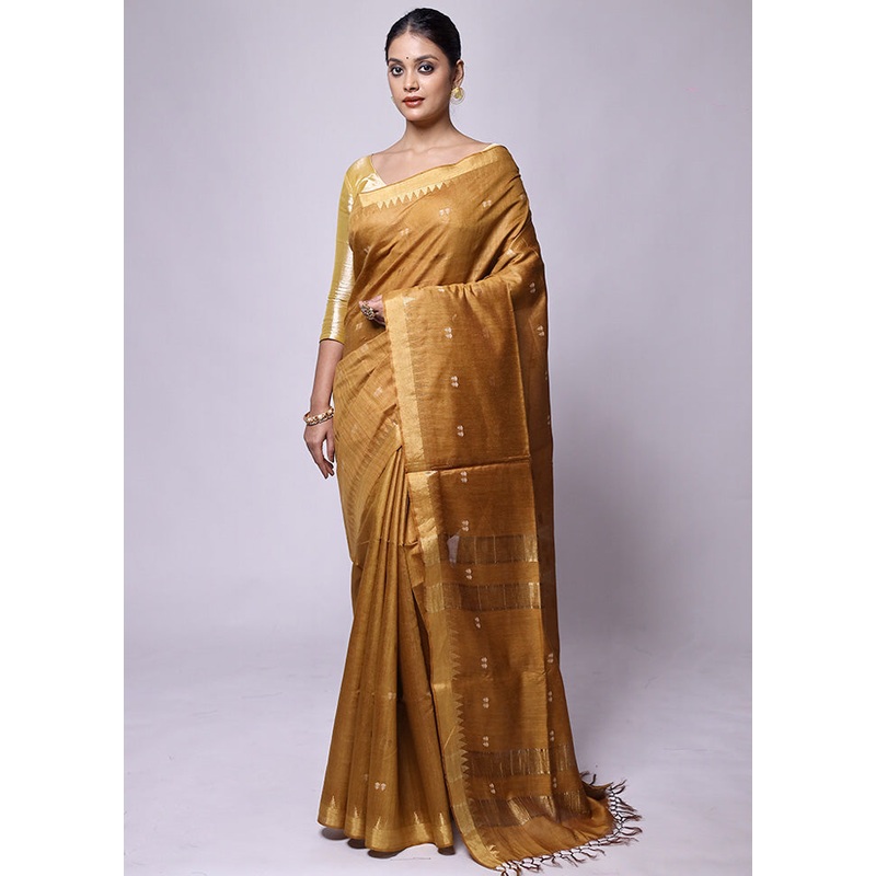 Yellow Tussar Silk Saree With Blouse Piece - JD986601174