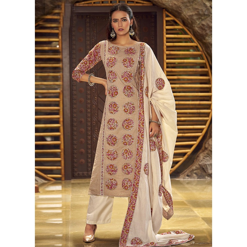 3 Pc Beige Pure Semi Stitched Cotton Dupatta Suit Set - JD986601023