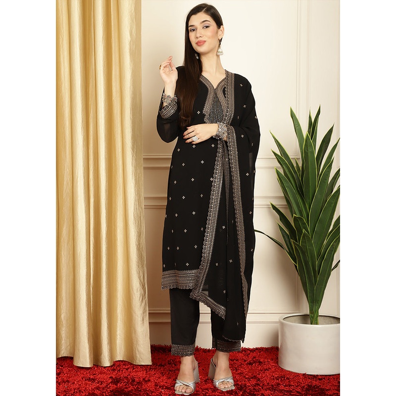 3 Pc Black Readymade Georgette Dupatta Suit Set - JD986601011