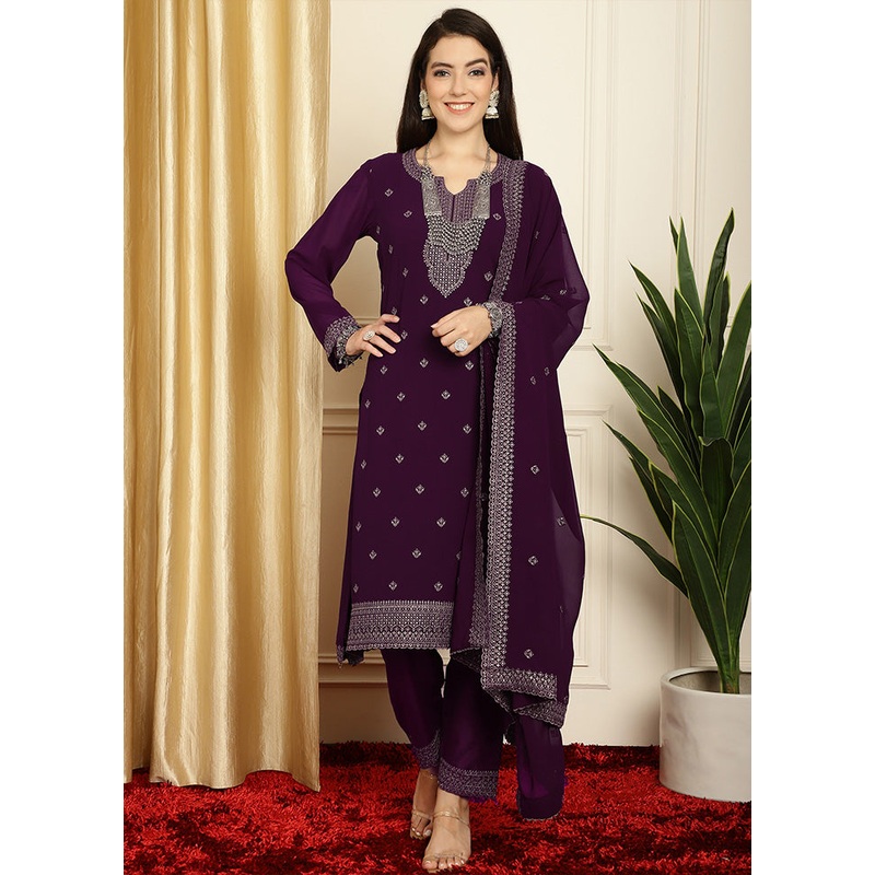 3 Pc Burgundy Readymade Georgette Dupatta Suit Set - JD986601010