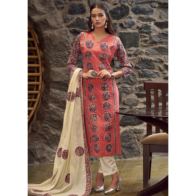 3 Pc Coral Pure Semi Stitched Cotton Dupatta Suit Set - JD986601022