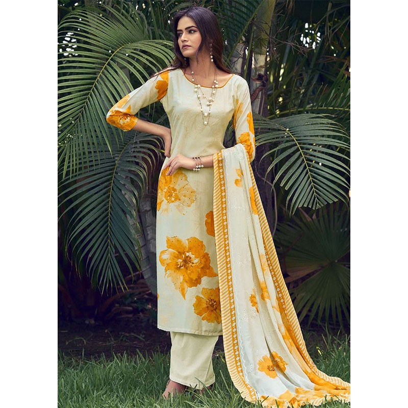 3 Pc Cream Semi Stitched Silk Dupatta Suit Set - JD986601021