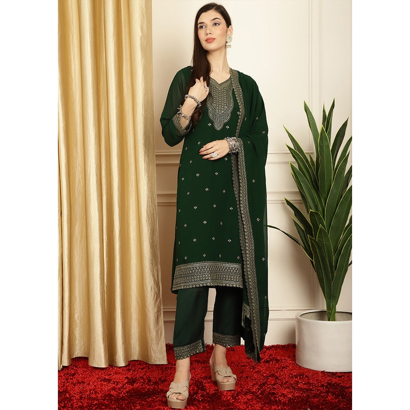 3 Pc Green Readymade Georgette Dupatta Suit Set - JD986601009