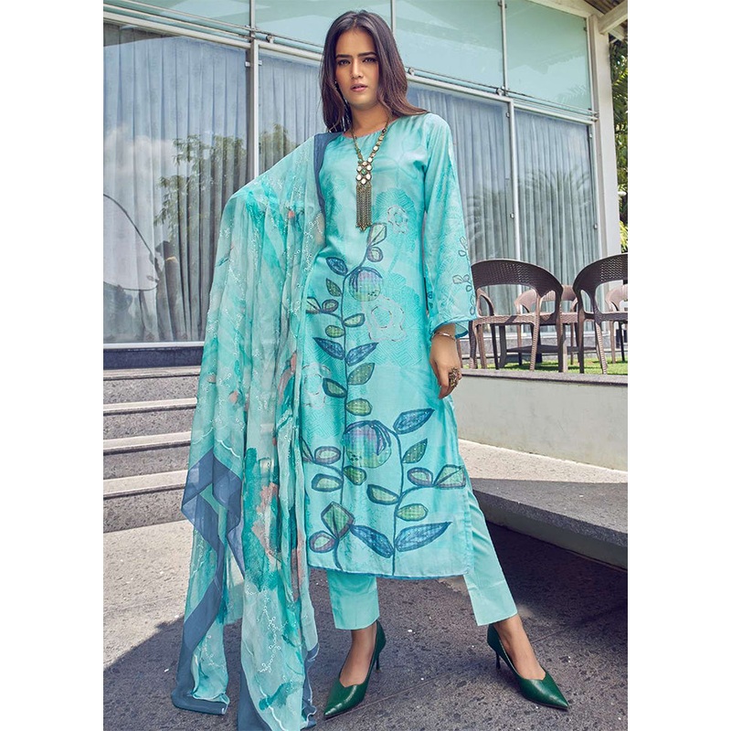 3 Pc Turquoise Semi Stitched Silk Dupatta Suit Set - JD986601013