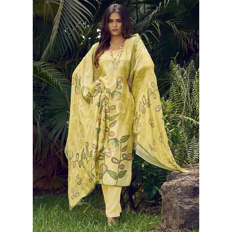 3 Pc Yellow Semi Stitched Silk Dupatta Suit Set - JD986601012