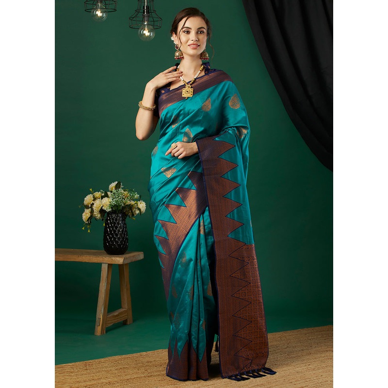Aqua Banarasi Silk Saree With Blouse Piece - JD986600992