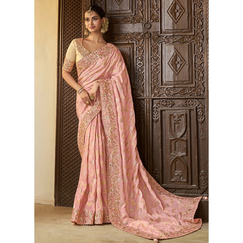 Baby Pink Spun Silk Saree With Blouse Piece - JD986600991