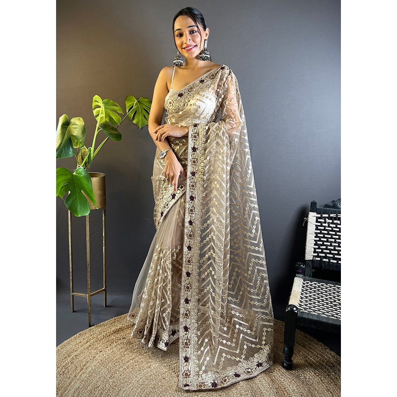 Beige Net Net Saree With Blouse Piece - JD986600988