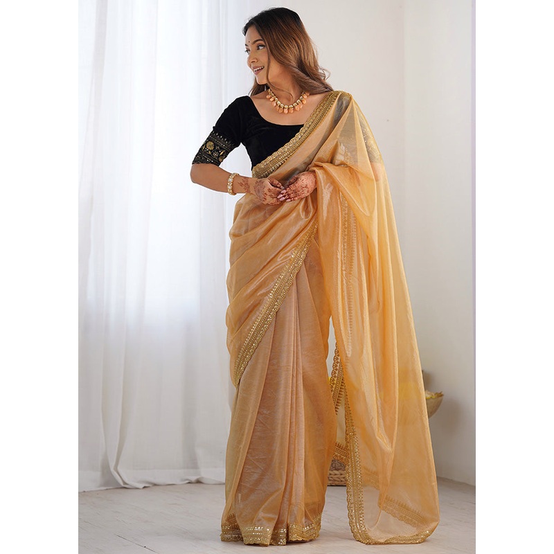 Beige Net Net Saree With Blouse Piece - JD986600989