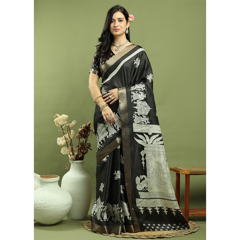 Black Dupion Silk Saree With Blouse Piece - JD986601004