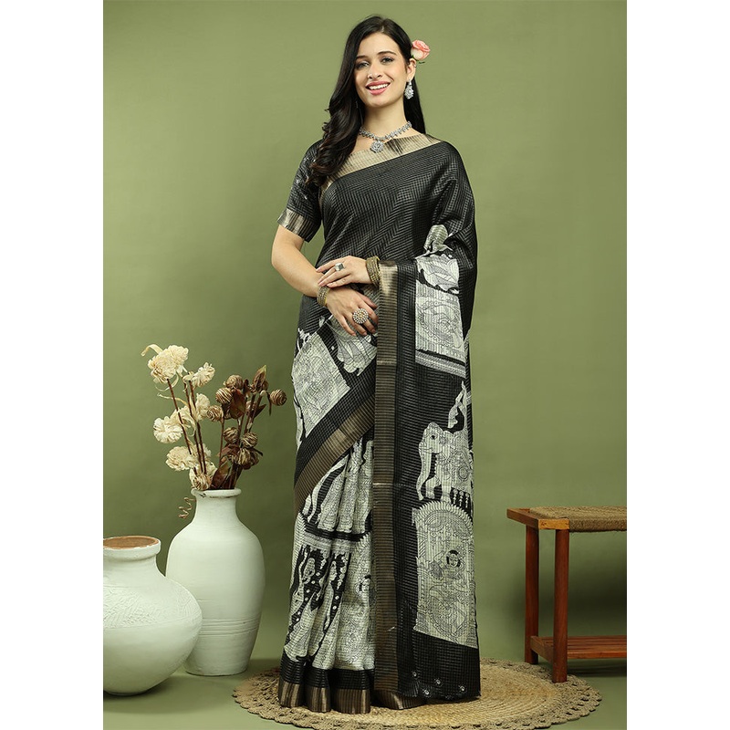 Black Dupion Silk Saree With Blouse Piece - JD986601005