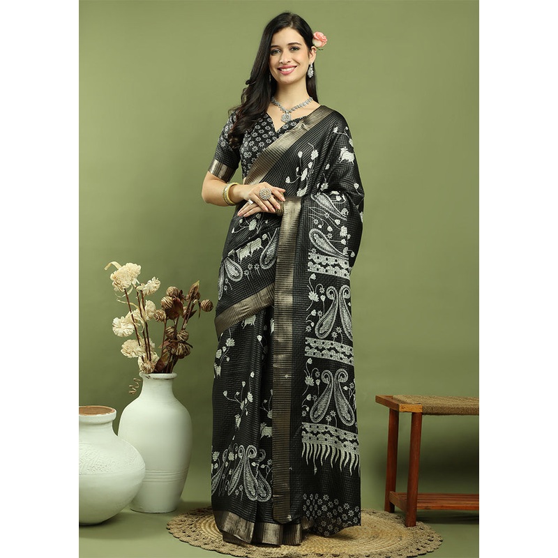 Black Dupion Silk Saree With Blouse Piece - JD986601006