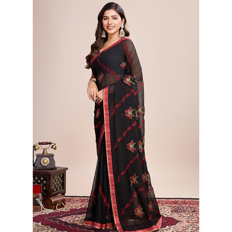 Black Georgette Saree With Blouse Piece - JD986600976