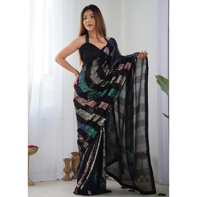 Black Georgette Saree With Blouse Piece - JD986600981