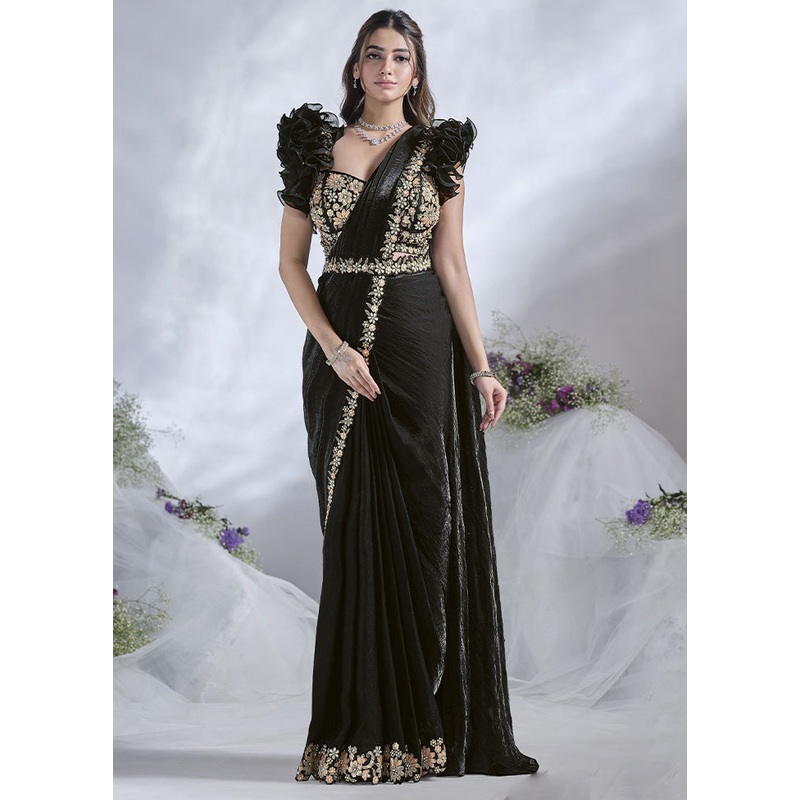 Black Satin Silk Saree With Blouse Piece - JD986600971