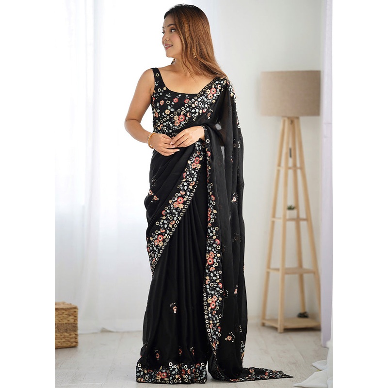 Black Satin Silk Saree With Blouse Piece - JD986600972