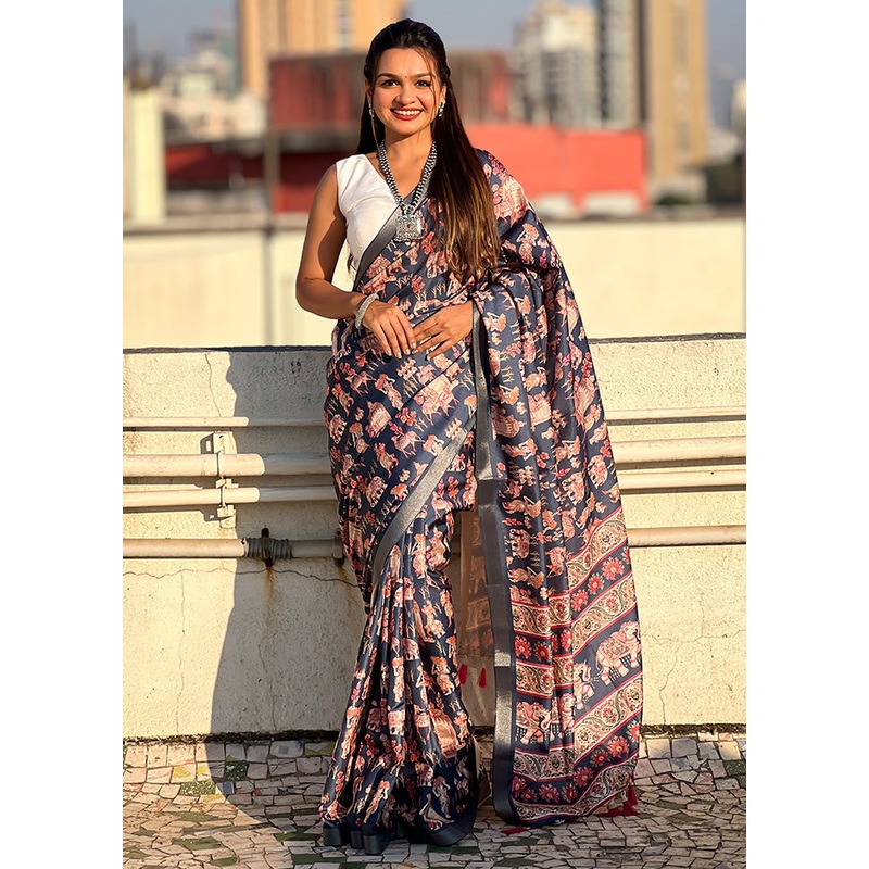Black Tussar Silk Saree With Blouse Piece - JD986600954