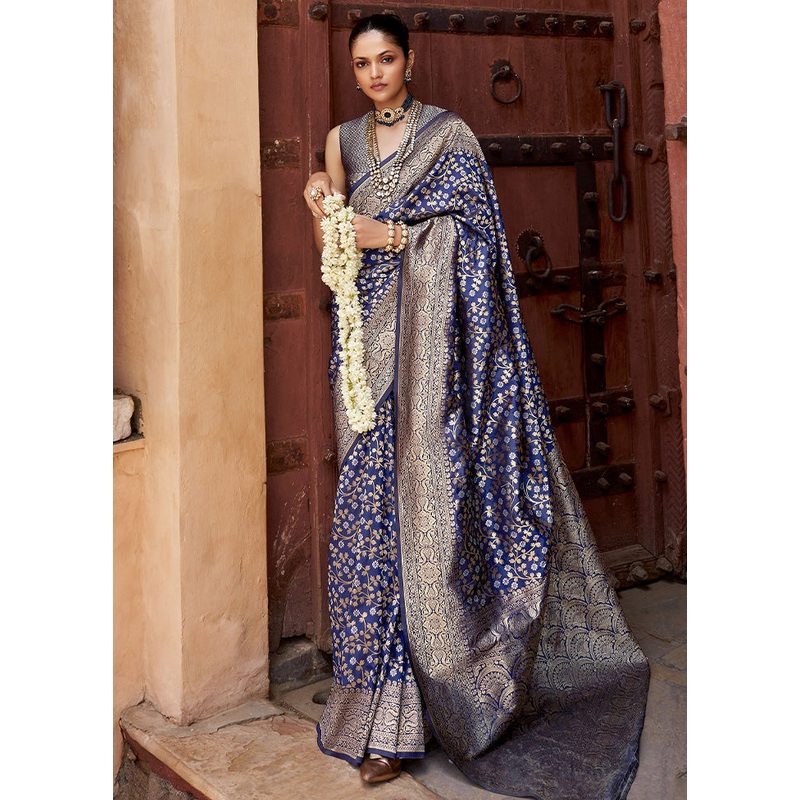 Blue Banarasi Silk Saree With Blouse Piece - JD986600970
