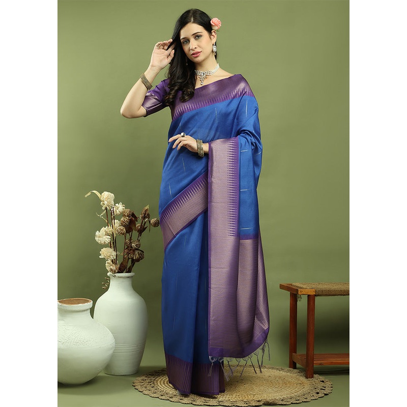 Blue Dupion Silk Saree With Blouse Piece - JD986601003
