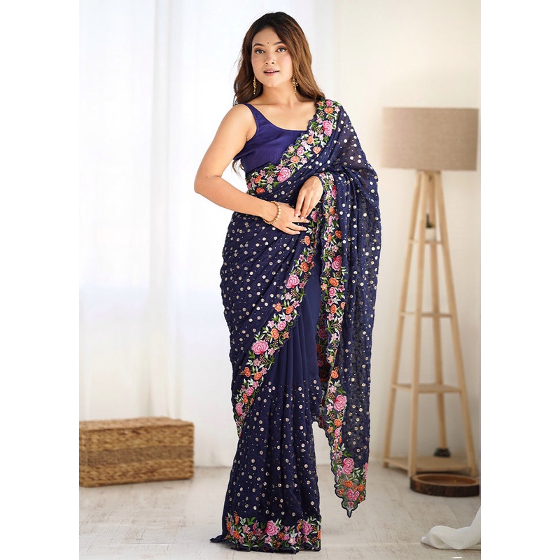 Blue Georgette Saree With Blouse Piece - JD986600967