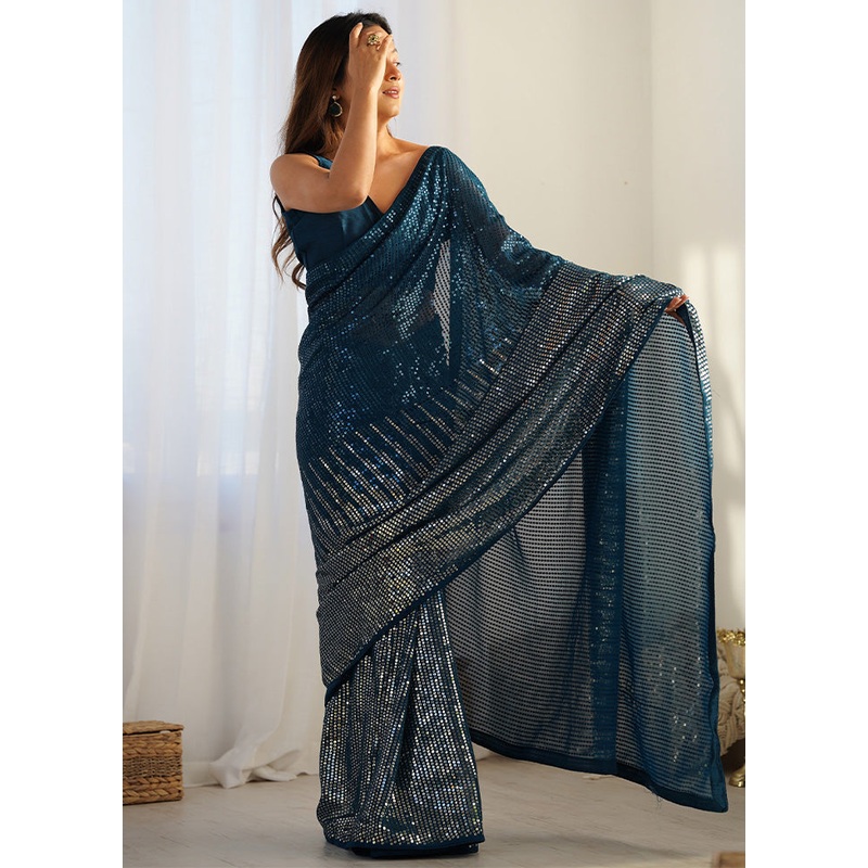 Blue Georgette Saree With Blouse Piece - JD986600968