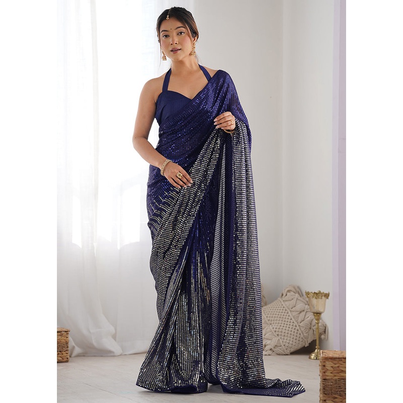 Blue Georgette Saree With Blouse Piece - JD986600969