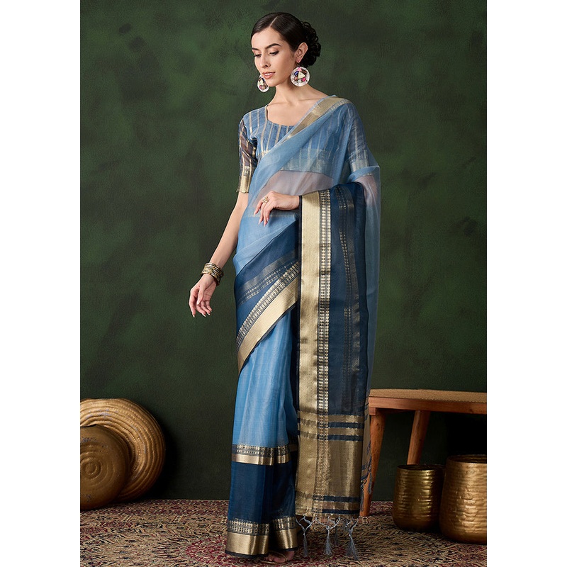 Blue Organza Saree With Blouse Piece - JD986600963
