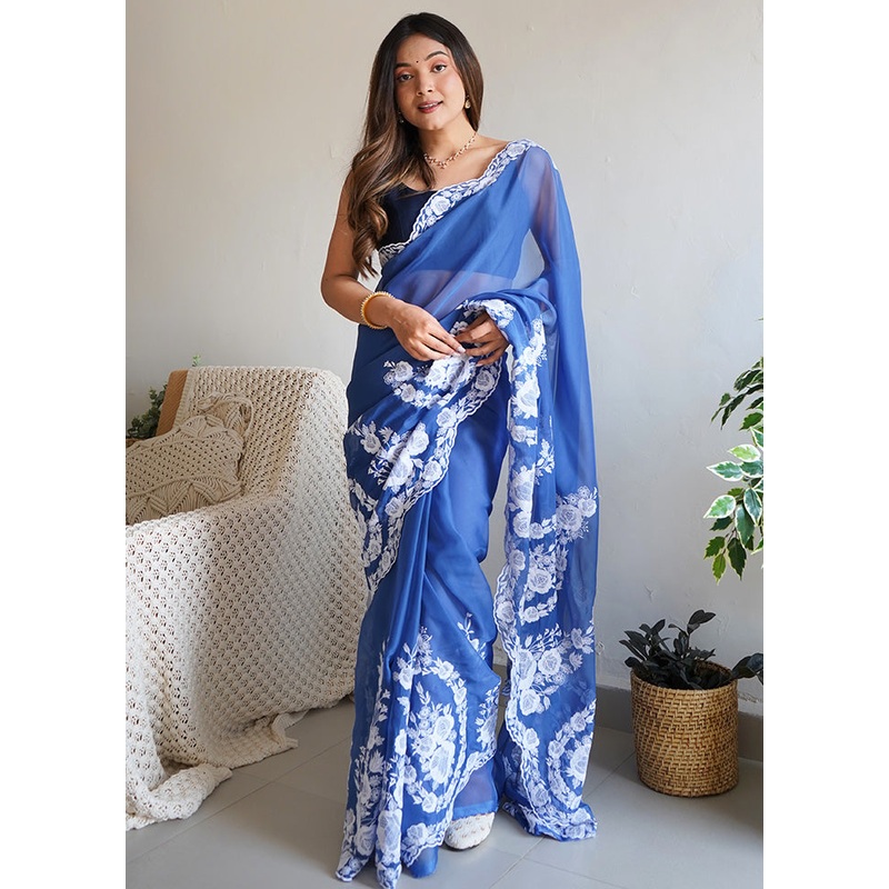 Blue Organza Saree With Blouse Piece - JD986600964