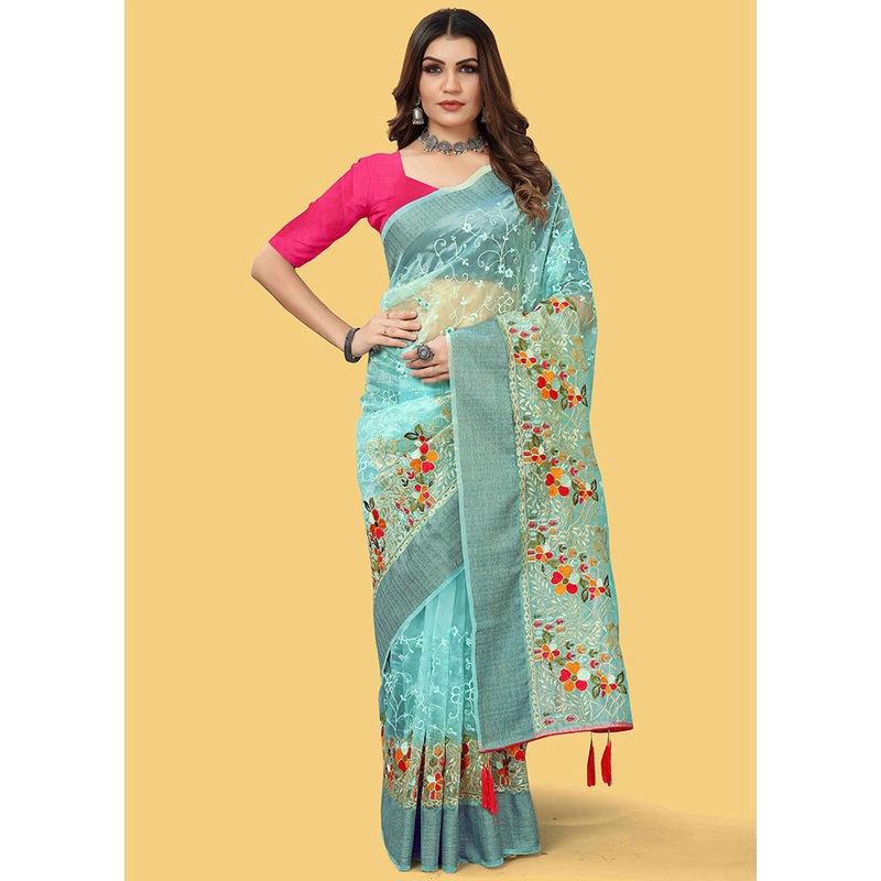 Blue Organza Saree With Blouse Piece - JD986600965
