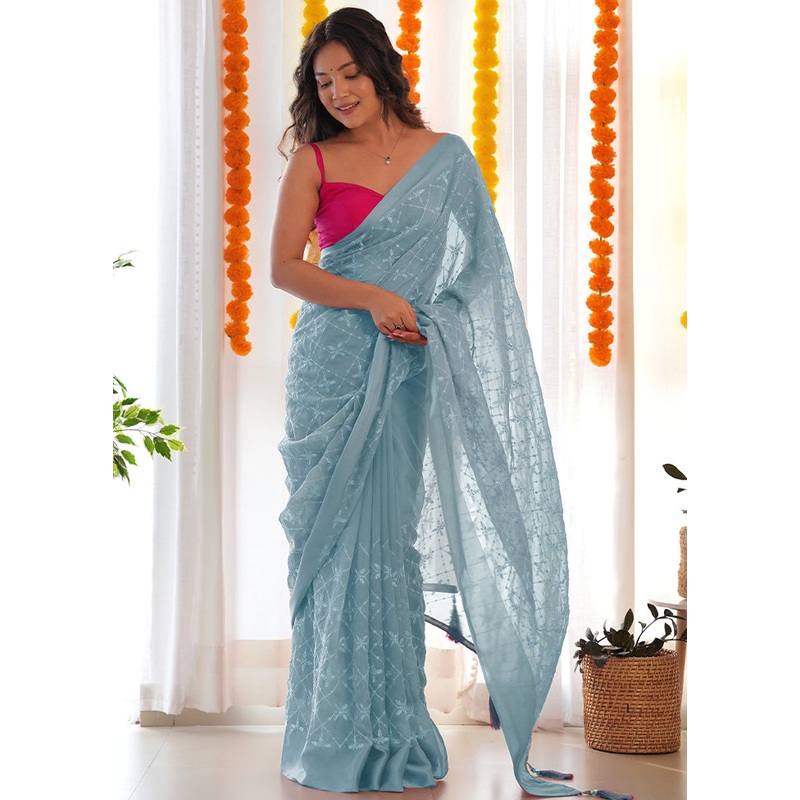 Blue Satin Silk Saree With Blouse Piece - JD986600962