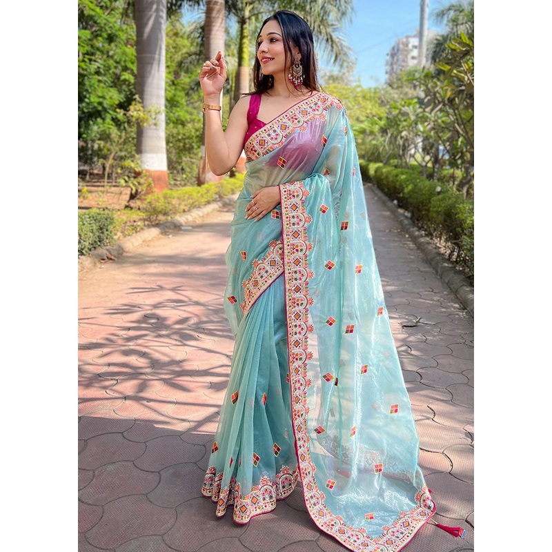 Blue Spun Silk Saree With Blouse Piece - JD986600955