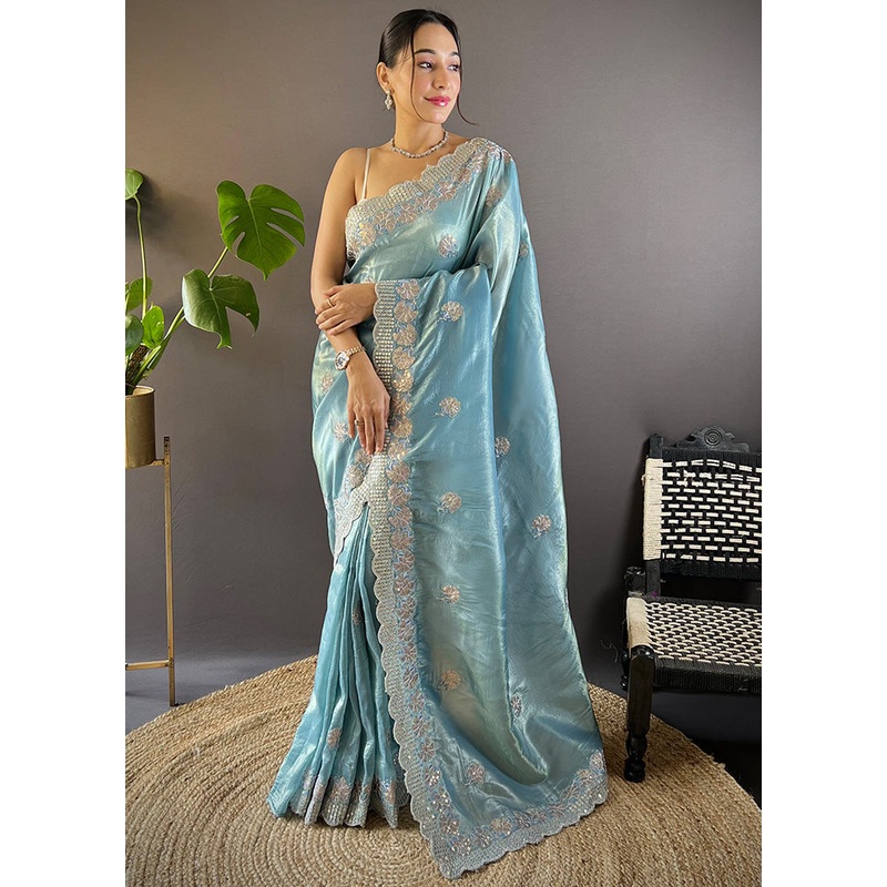 Blue Spun Silk Saree With Blouse Piece - JD986600956