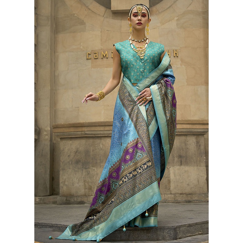 Blue Spun Silk Saree With Blouse Piece - JD986600960
