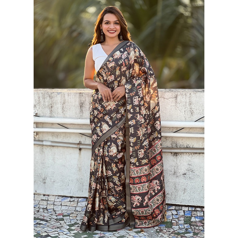 Brown Tussar Silk Saree With Blouse Piece - JD986600953