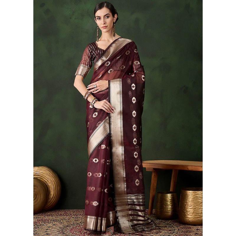 Burgundy Organza Saree With Blouse Piece - JD986600952