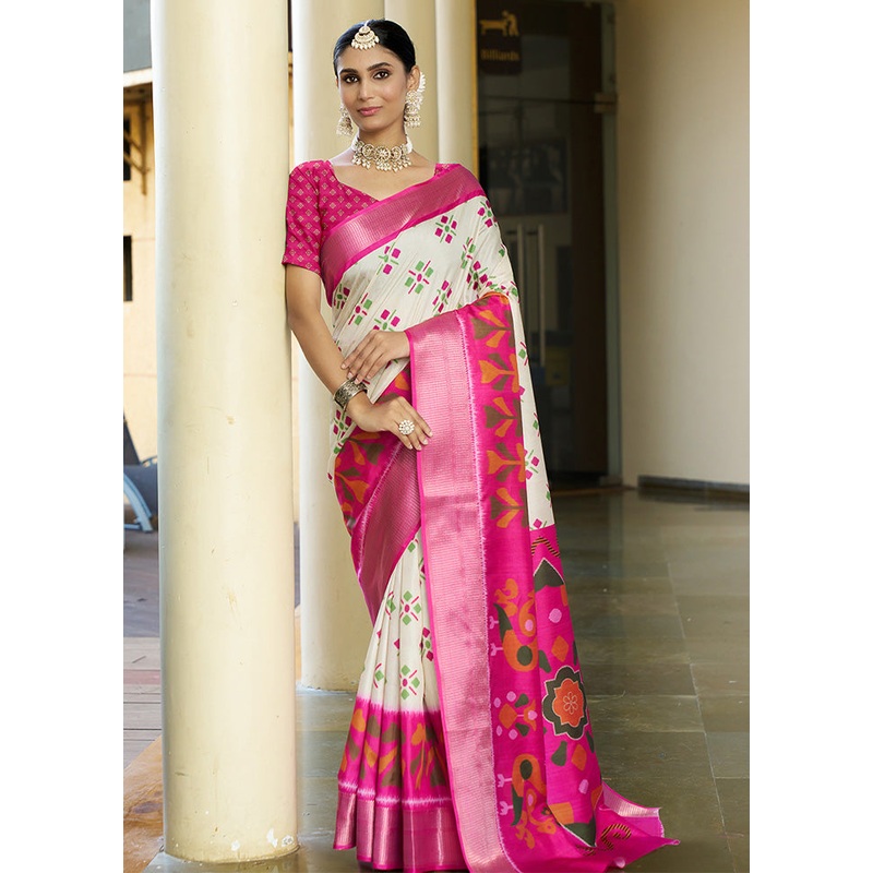 Cream Crepe Silk Saree With Blouse Piece - JD986600951