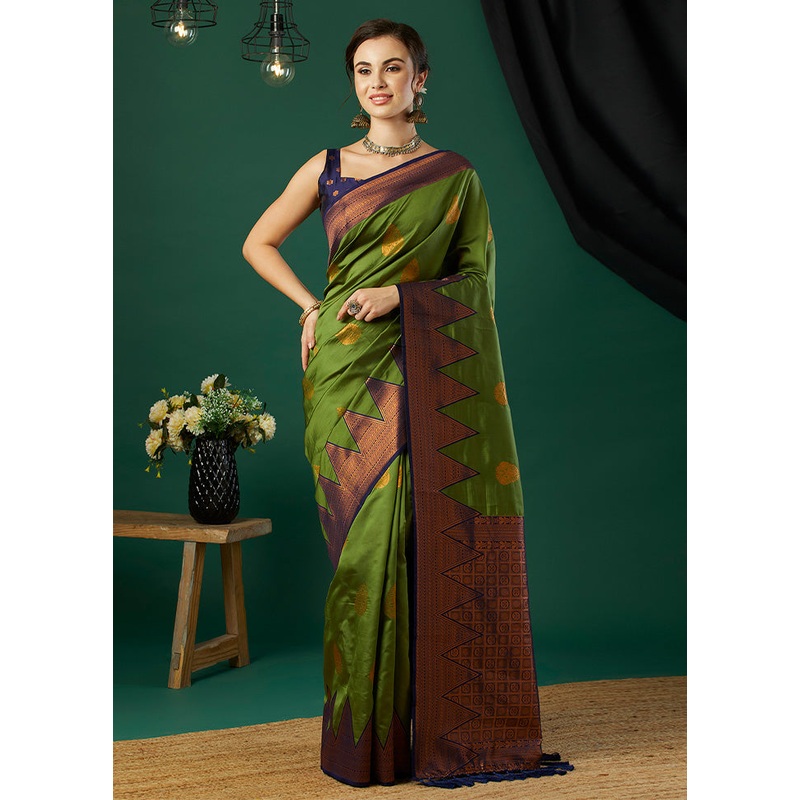 Green Banarasi Silk Saree With Blouse Piece - JD986600946